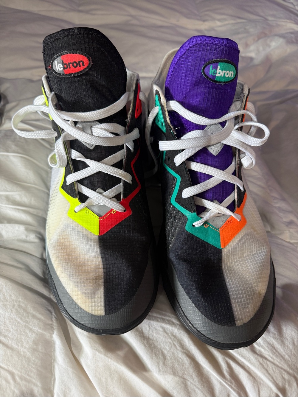 Nike White Sneakers w/ Neon Yellow Insole, Purple Accents LeBron James Space Jam